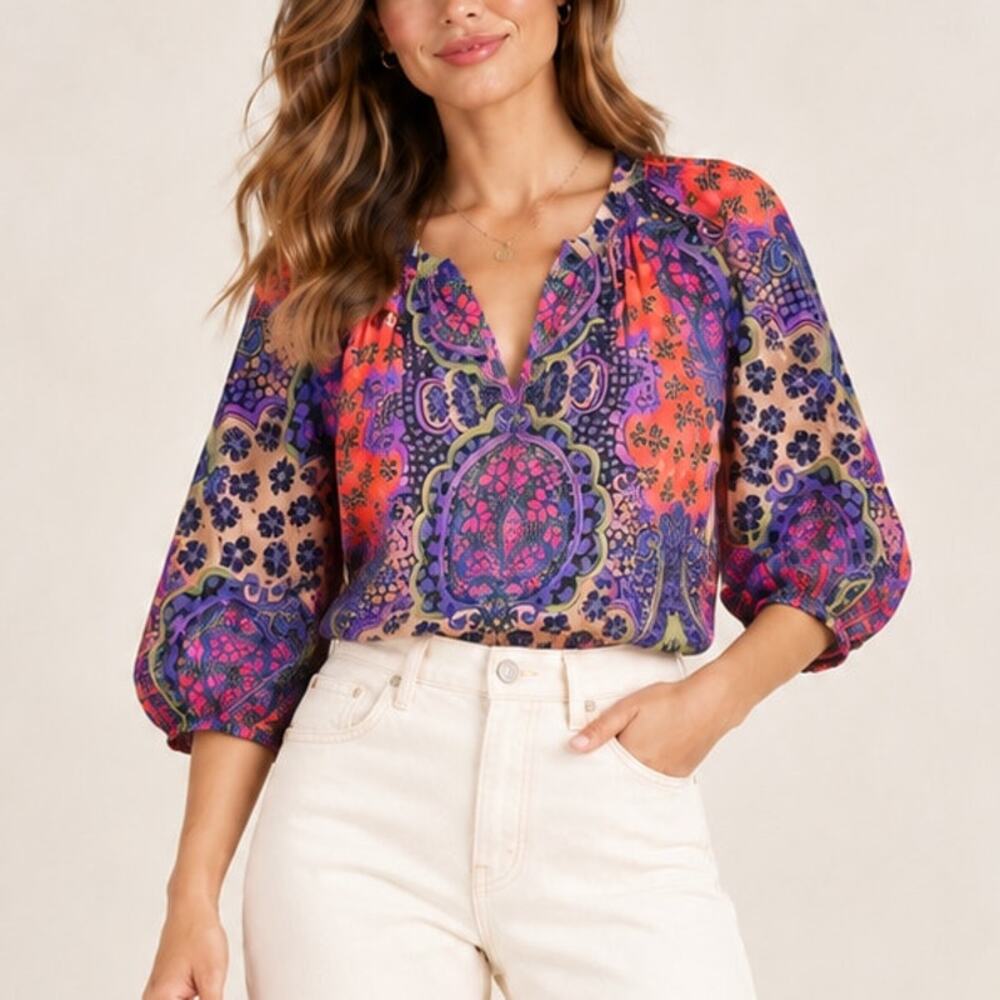 Xirena Jules Split V-Neck Blouse Black Opal Print Size XS